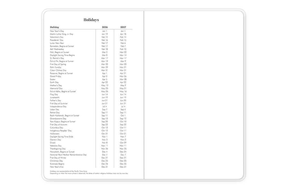 Sheet of holidays with years listed on a white background