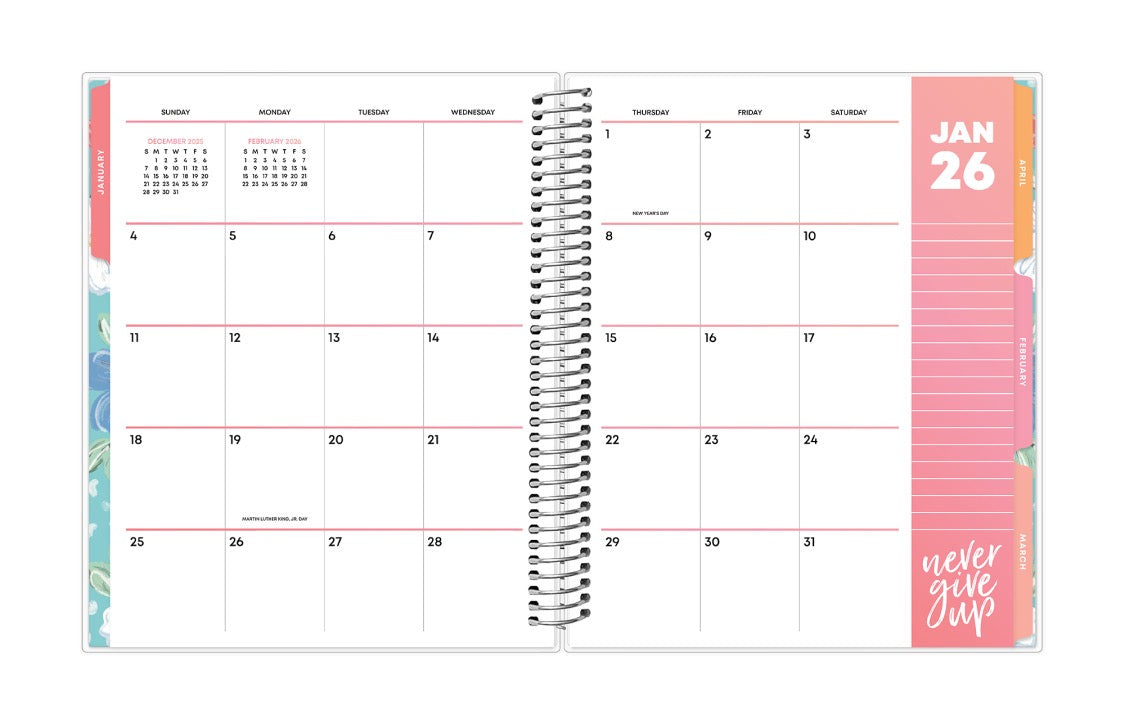 January 2026 monthly spread on this 7x9 livewell planner featuring boxes for each day, lined writing space, and reference calendars