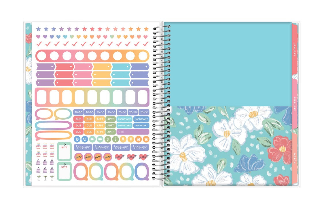 7x9 planner features a sticker sheet, double sided pocket, and monthly tabs