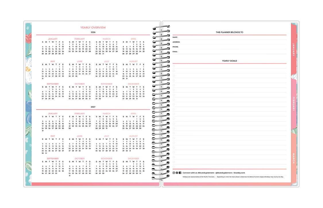 Spiral-bound planner with calendar and notes sections on a white background yearly overview 2026 and 2027
