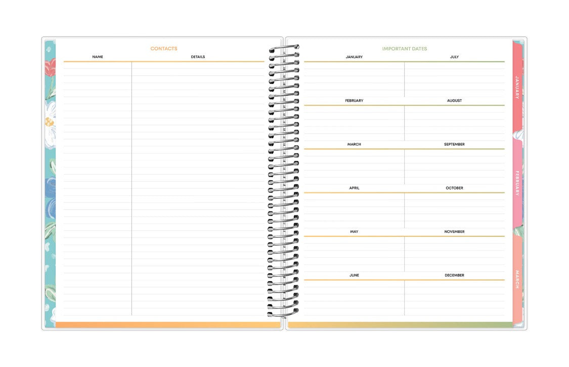 Spiral-bound planner with colorful gradient cover on a white background, important dates and contact details