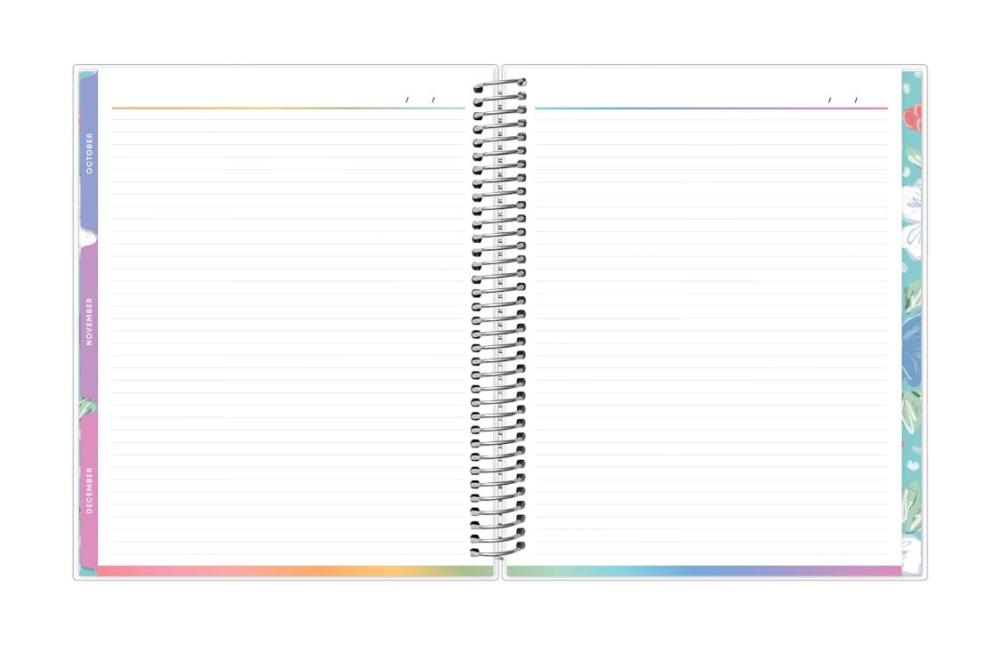 Spiral-bound notebook with colorful edge design on a white background and lined notes pages