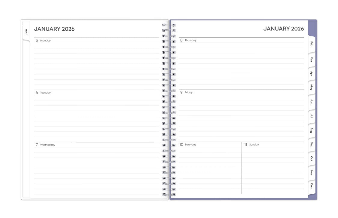 january 2026 to december 2026 weekly spread featuring lined writing space, white monthly tabs