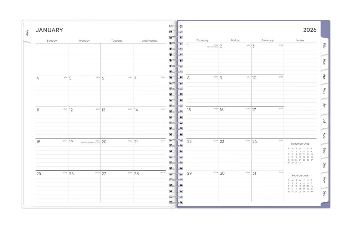 2026-2027 weekly monthly planner with monthly spread showing lined writing space for each date, reference calendar and notes section