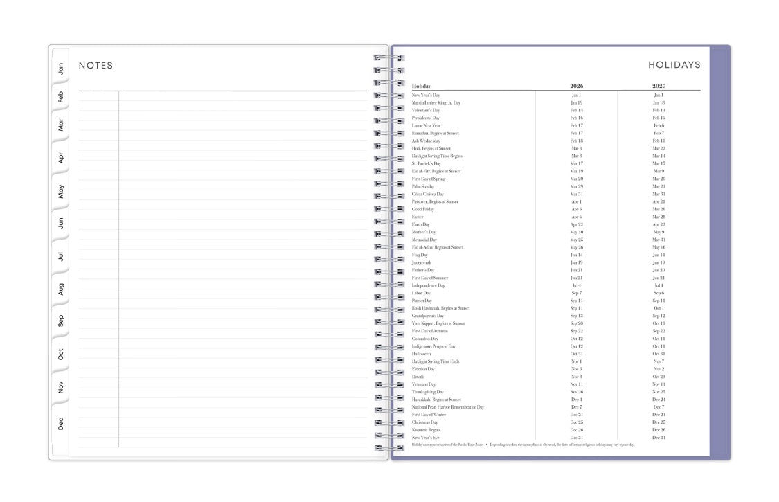 lined notes section with holiday list