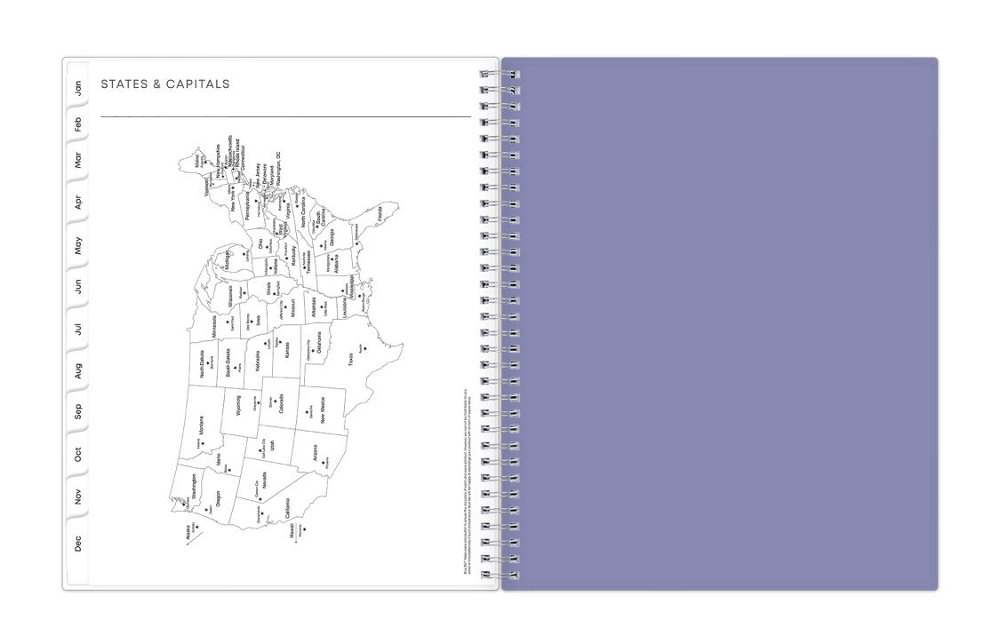 planner with a map of the United States on one page and a purple cover on the other