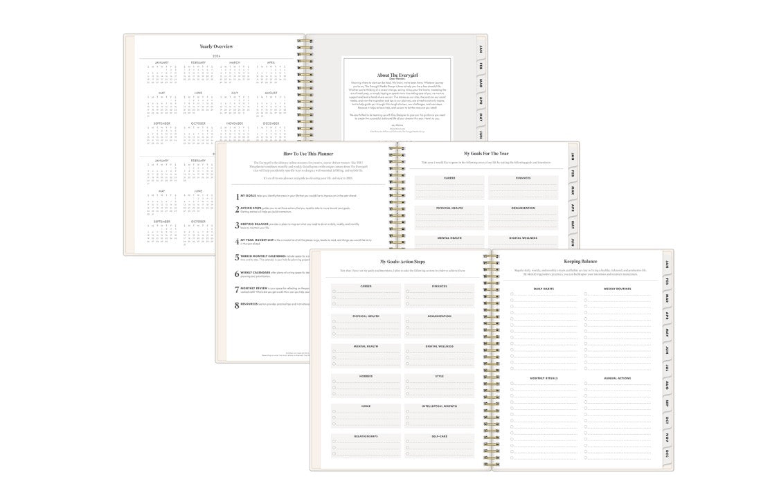 multiple pages for this planner including yearly overview, how to use the planner goals, etc.