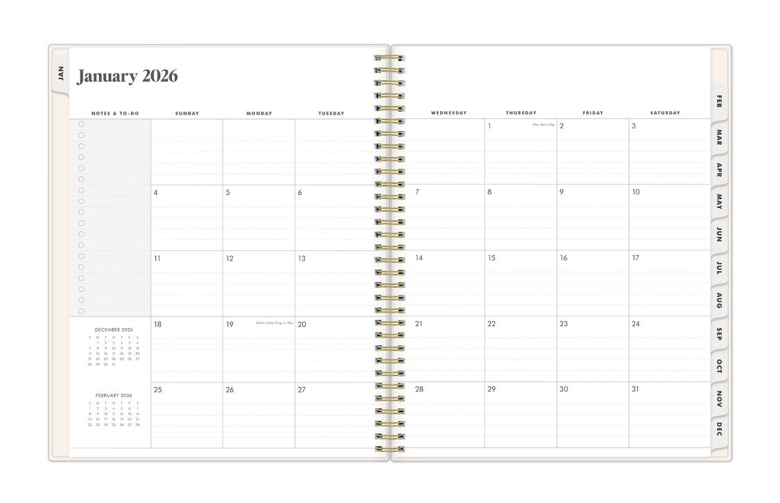 january 2026 to december 2027 monthly spread featuring to do lists and lined writing space reference calendars, and white monthly tabs