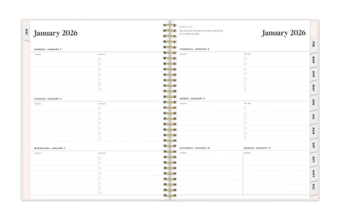 january 2026 to december 2027 weekly spread featuring to do lists and lined writing space