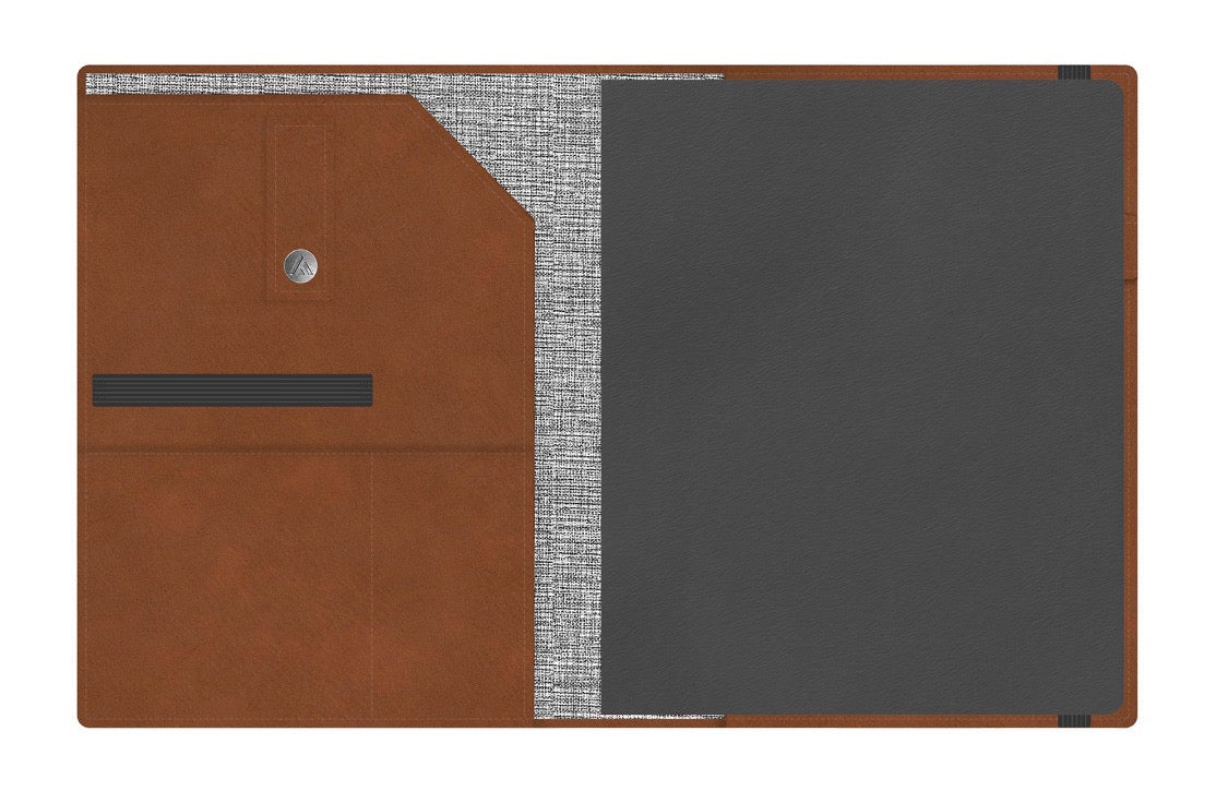 Two-tone faux leather and fabric desk pad with a button on a white background, storage pockets