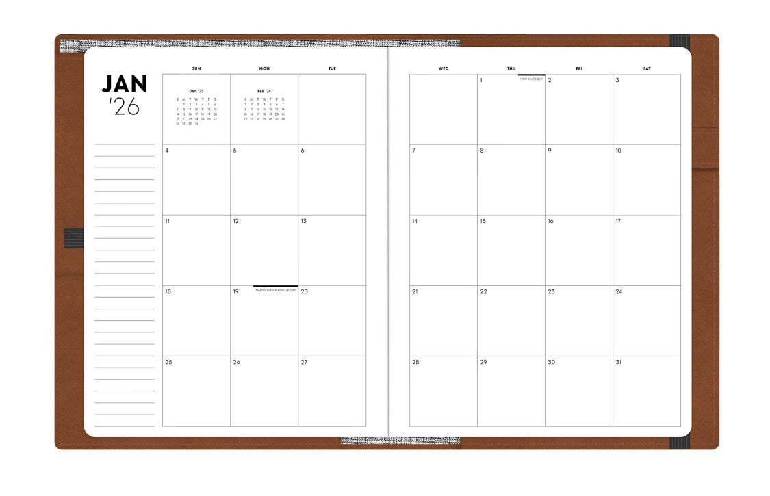 monthly spread featuring january 2026 with blank writing space for each date and lined notes section