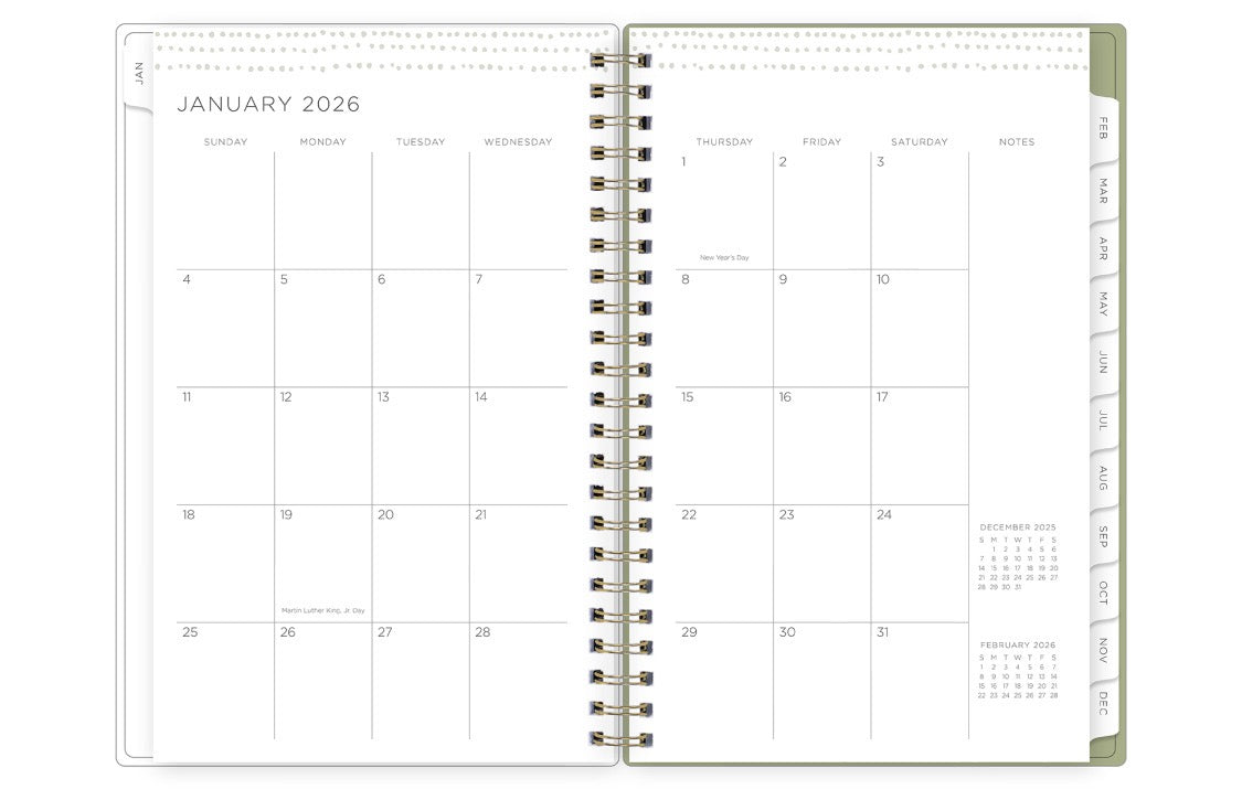 the kelly ventura 2026 weekly monthly planner features a monthly overview featuring, clean blank writing space, notes section, reference calendars, and teal monthly tabs, perfect for planning year in year out.