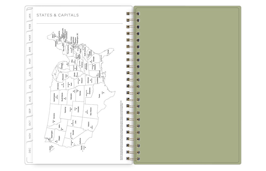 planner with a map of the United States on one page and a green cover on the other