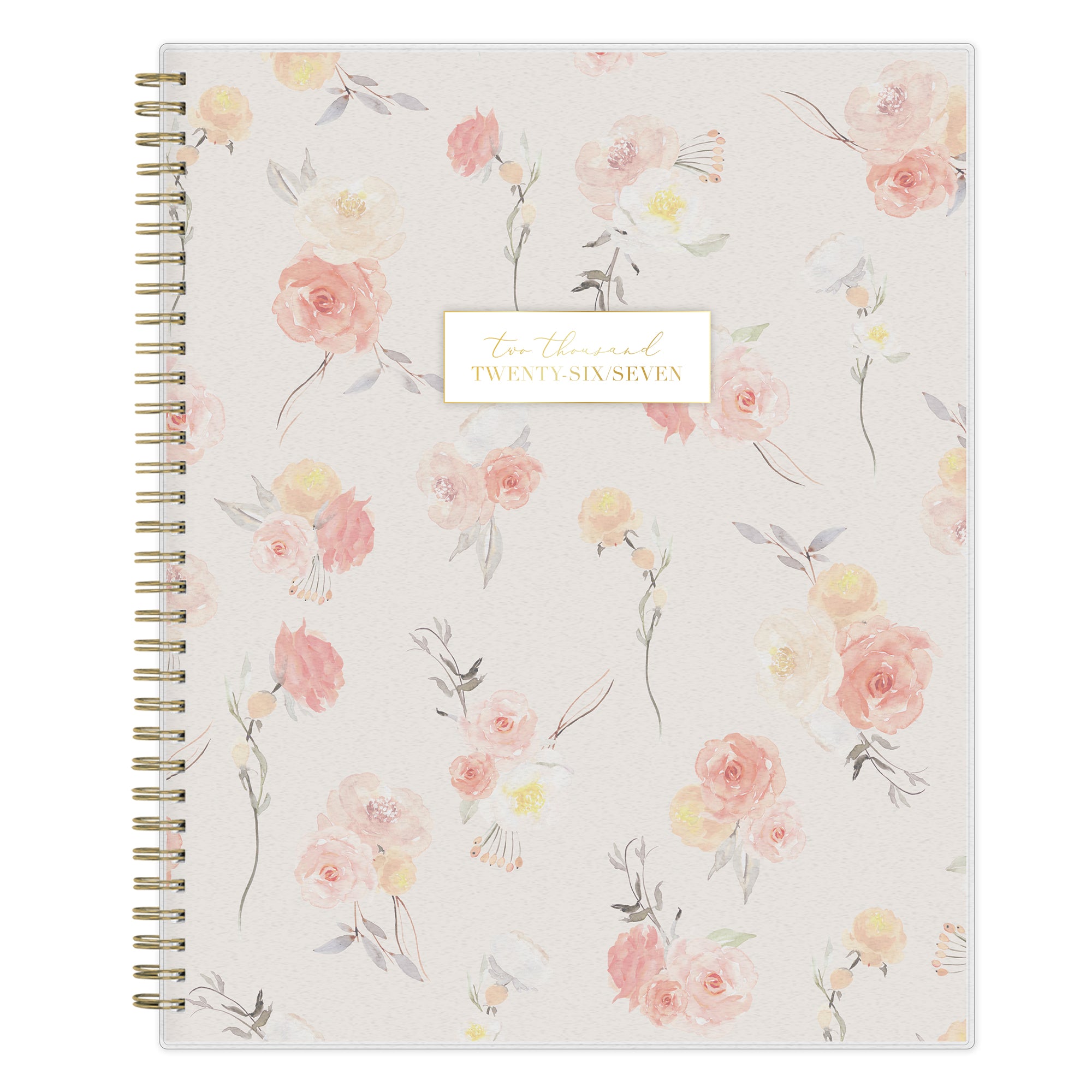 Floral patterned weekly planner with a gold spiral binding on a white background