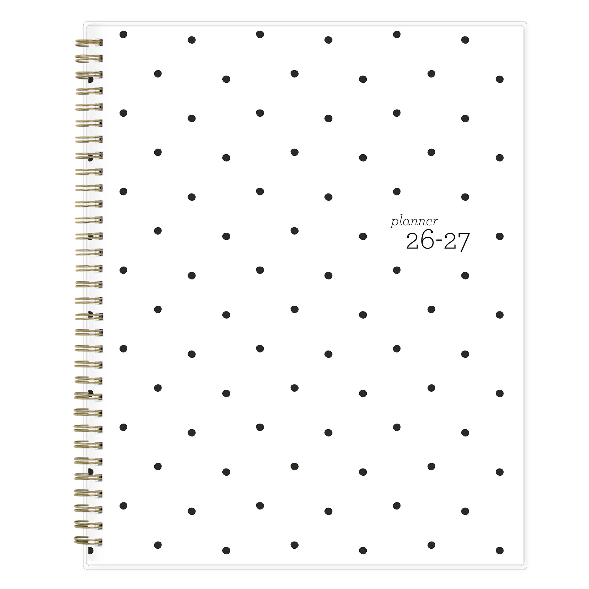 Spiral-bound student planner with black dot pattern on white cover