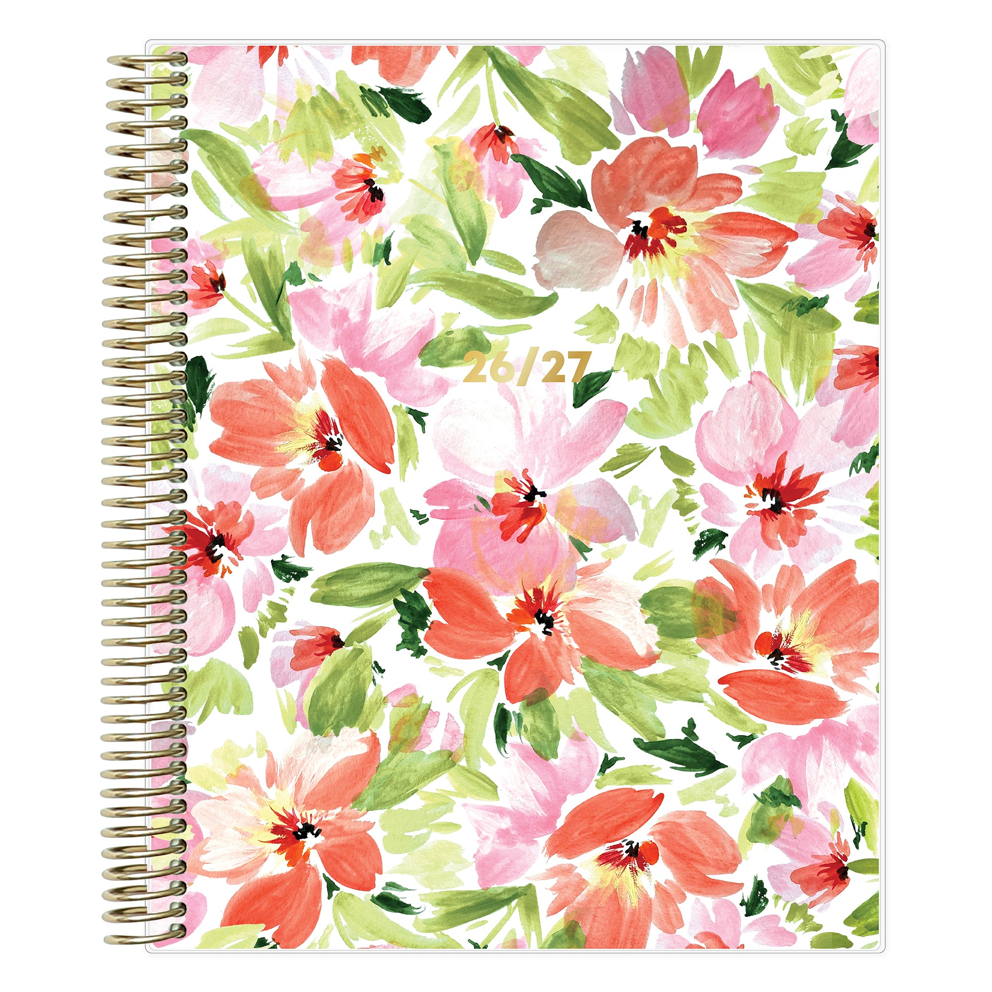 Floral patterned planner with a spiral binding on a white background