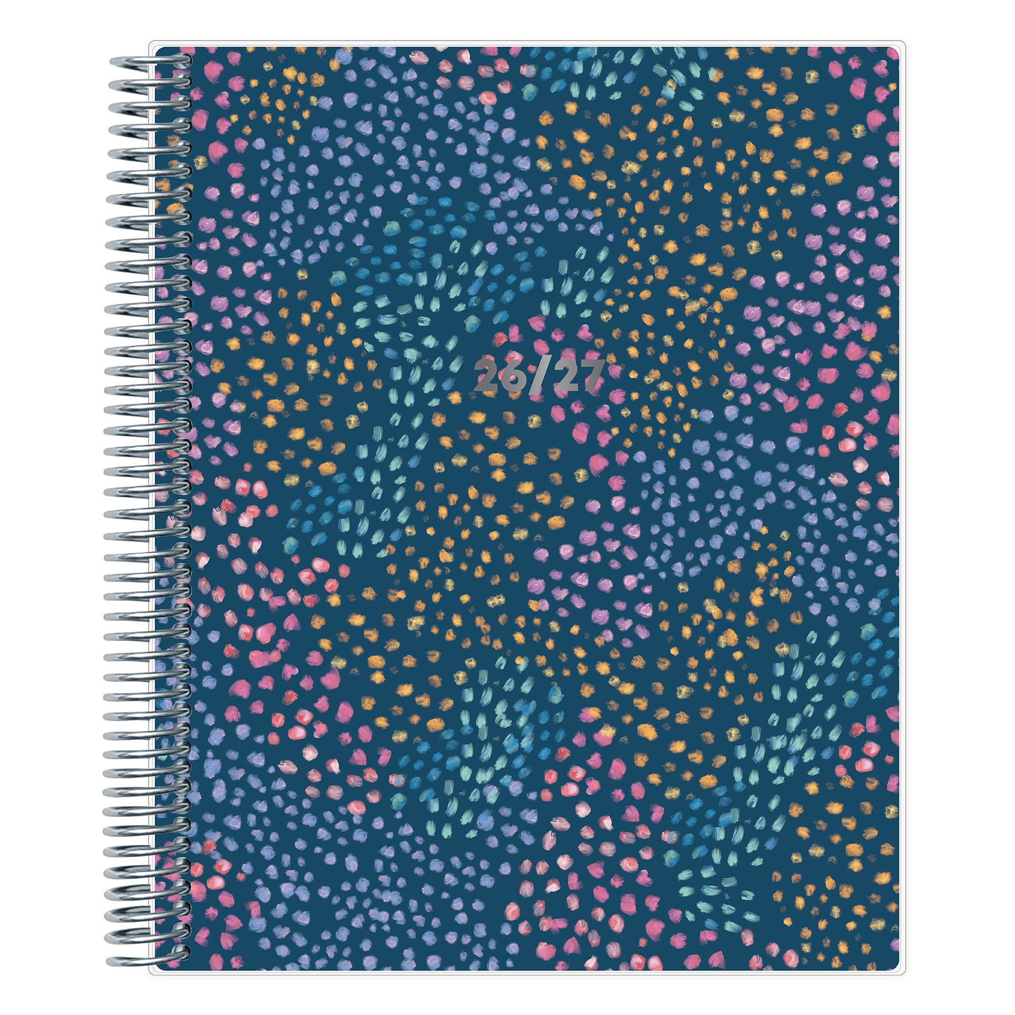 Spiral-bound planner with a colorful dot pattern on a blue background