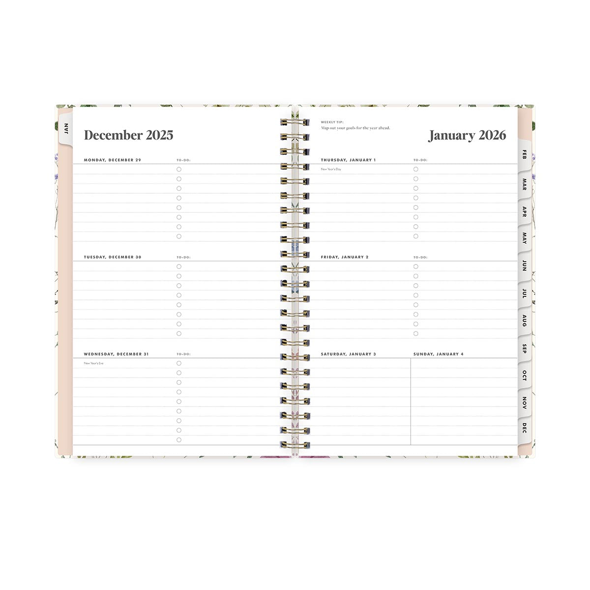 2026 weekly spread featuring lined writing space, bullet points, and monthly tabs