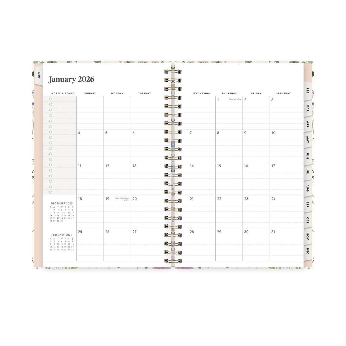 2026 planner featuring monthly view with lined writing space, bullet points, reference calendars and monthly tabs