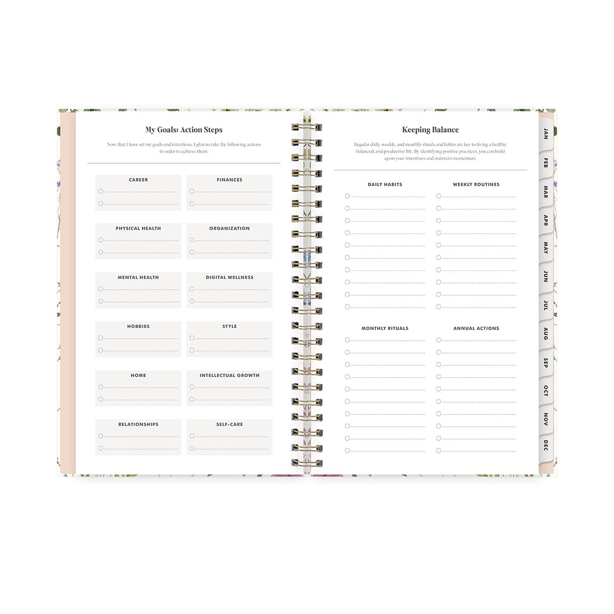 my goals and action steps alongside keeping balance page with bullet points and lined writing space