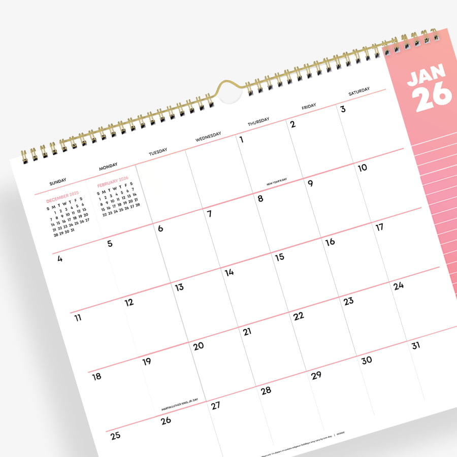 Calendar with a pink monthly view on a white background january to december 2026 monthly wall calendar