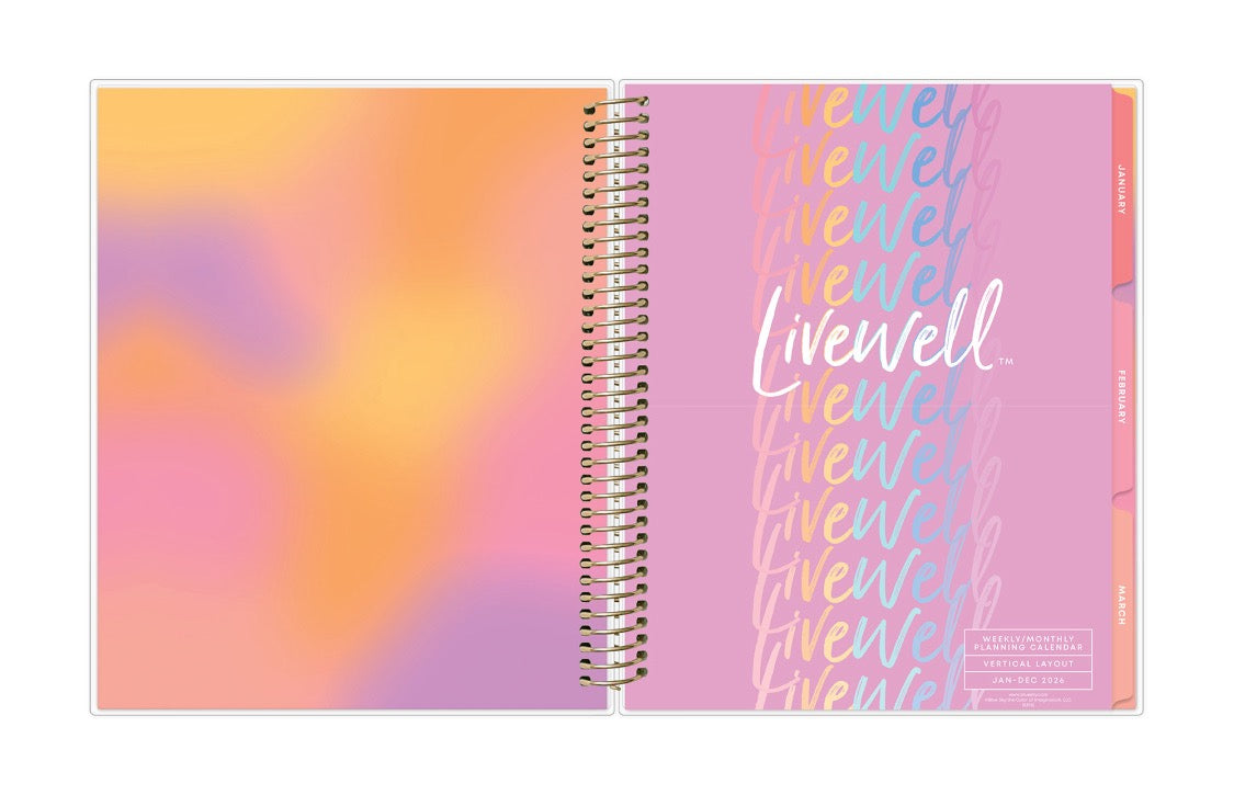 Spiral-bound notebook with colorful abstract design on one page and &