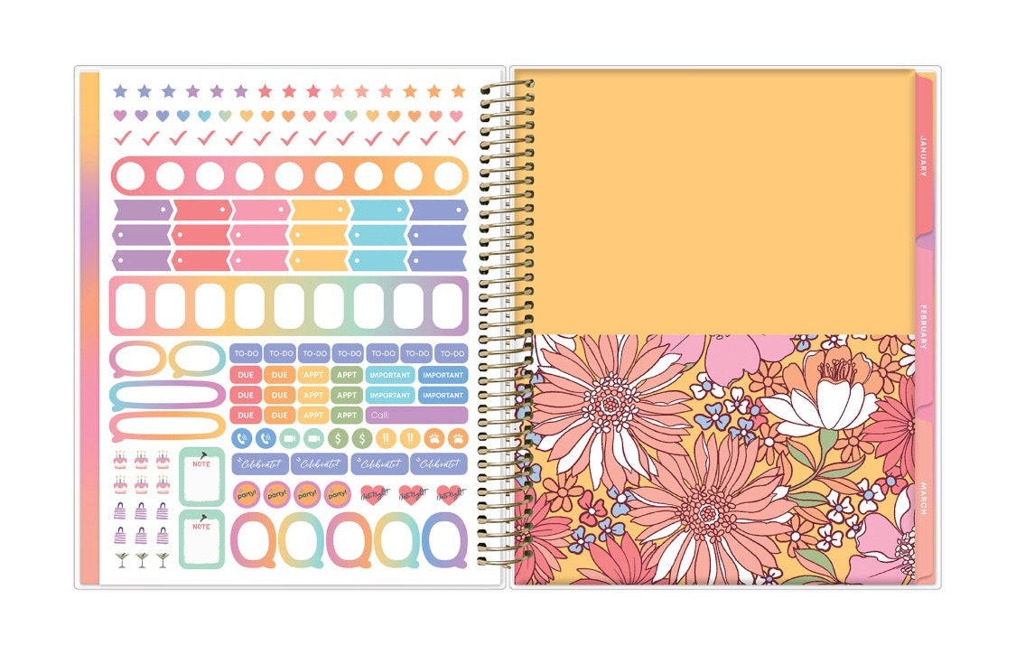 7x9 planner features a sticker sheet, double sided pocket, and monthly tabs