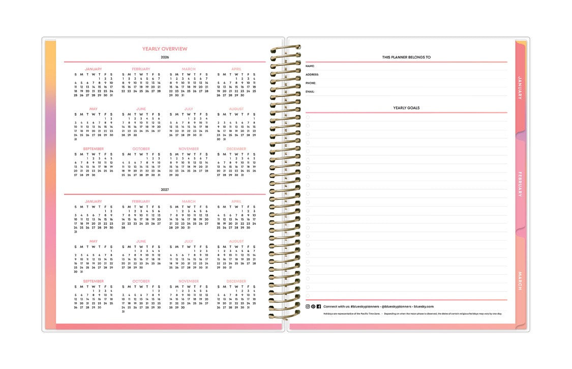 Spiral-bound planner with calendar and notes sections on a white background yearly overview 2026 and 2027