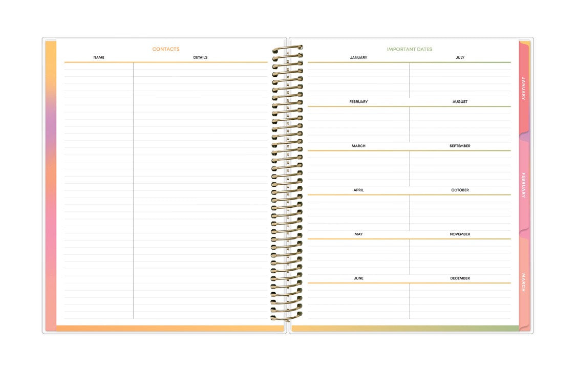 Spiral-bound planner with colorful gradient cover on a white background, important dates and contact details