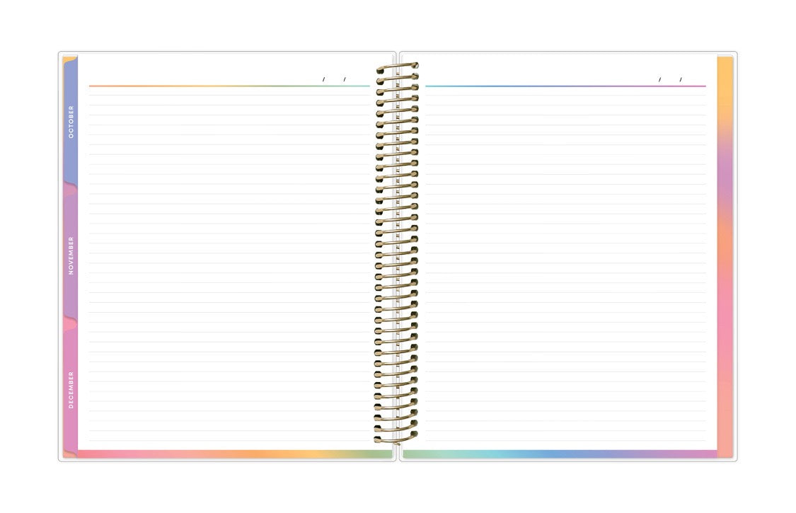 Spiral-bound notebook with colorful edge design on a white background and lined notes pages