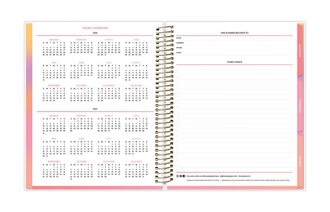 Spiral-bound planner with calendar and notes sections on a white background yearly overview 2026 and 2027