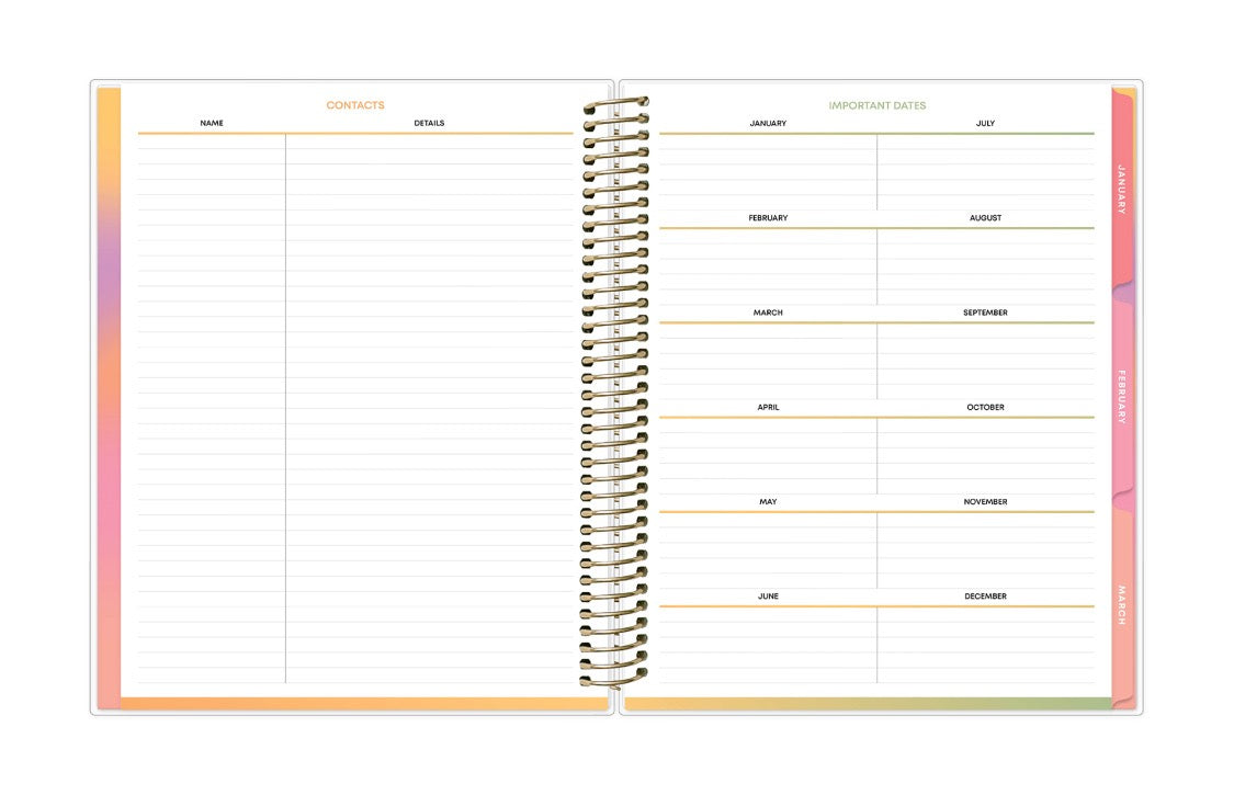 Spiral-bound planner with colorful gradient cover on a white background, important dates and contact details