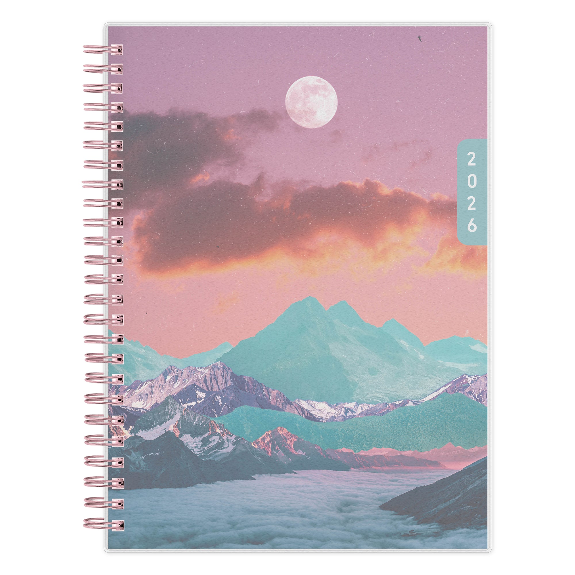 Spiral-bound planner with a mountain and moon design on the cover, featuring the year 2026 in 5.875x8.625