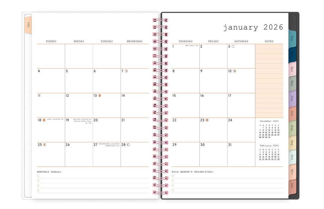 Open planner showing January 2026 with weekly layout and color-coded sections, lined writing space, bullet points, and multi color tabs blank space for dates