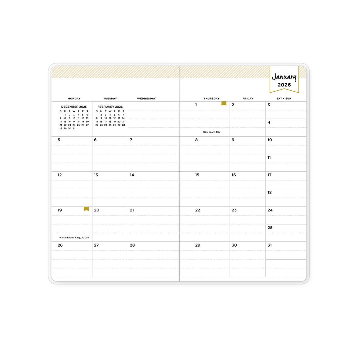 2026 monthly pocket planner featuring monthly spread with reference calendars, lined writing space