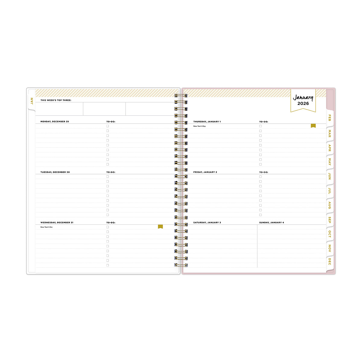 2026 weekly spread featuring lined writing space, bullet points, monthly tabs