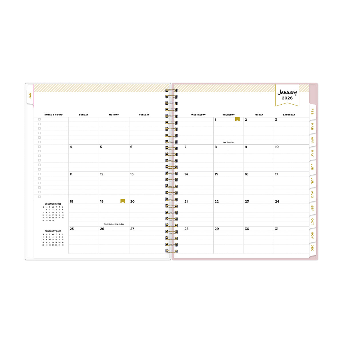 2026 monthly spread featuring lined writing space, reference calendars, and monthly tabs.
