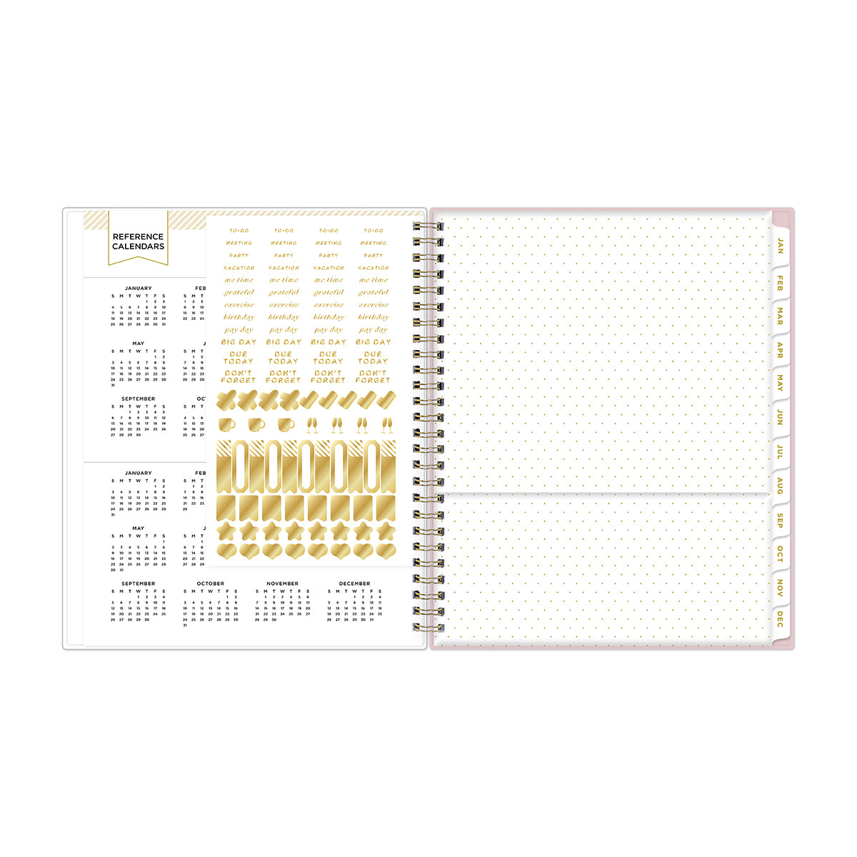 2026 and 2027 reference calendar, gold sticker sheet, and paper pocket