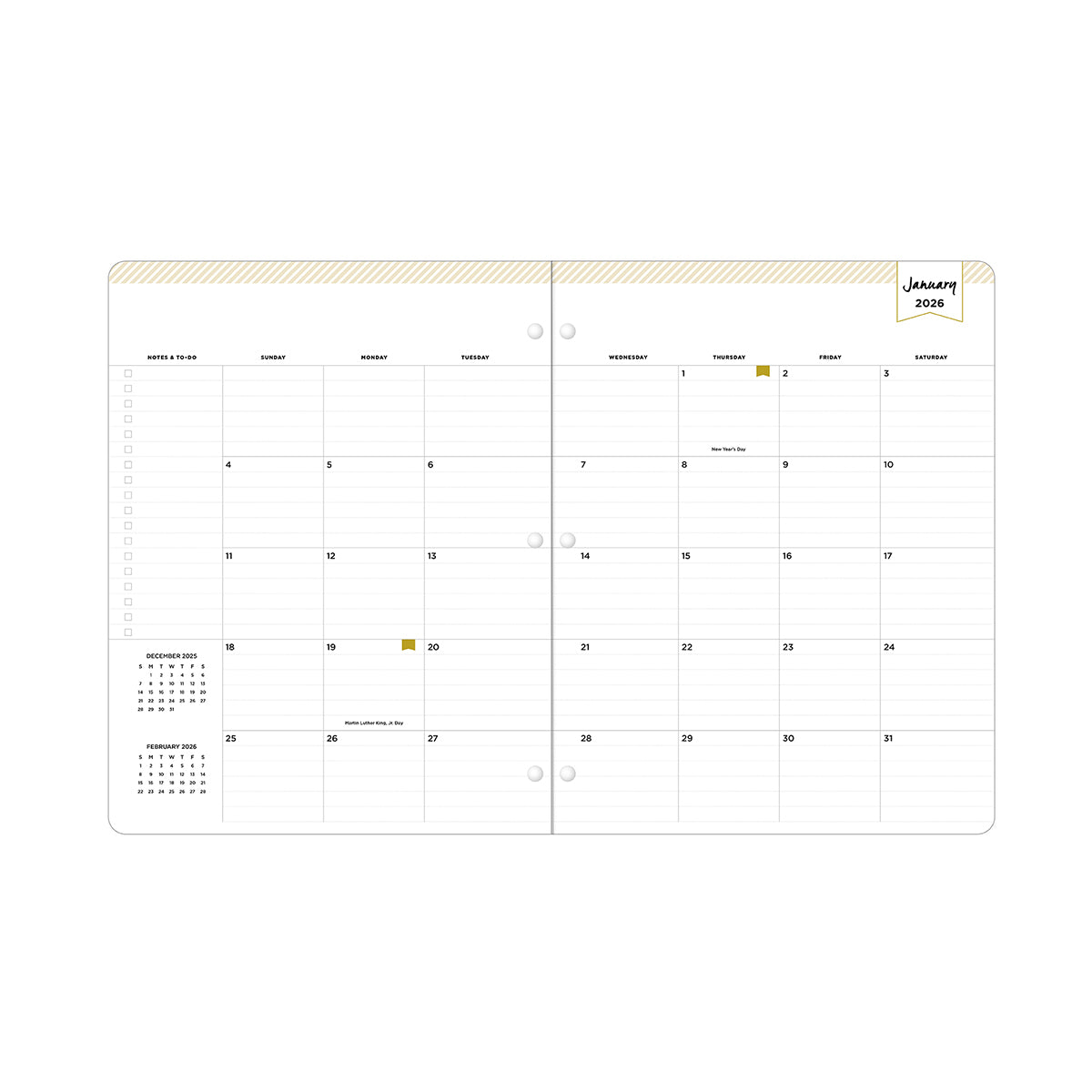 24 month 2026 planner spread with lined dates, bullet points, and reference calendars