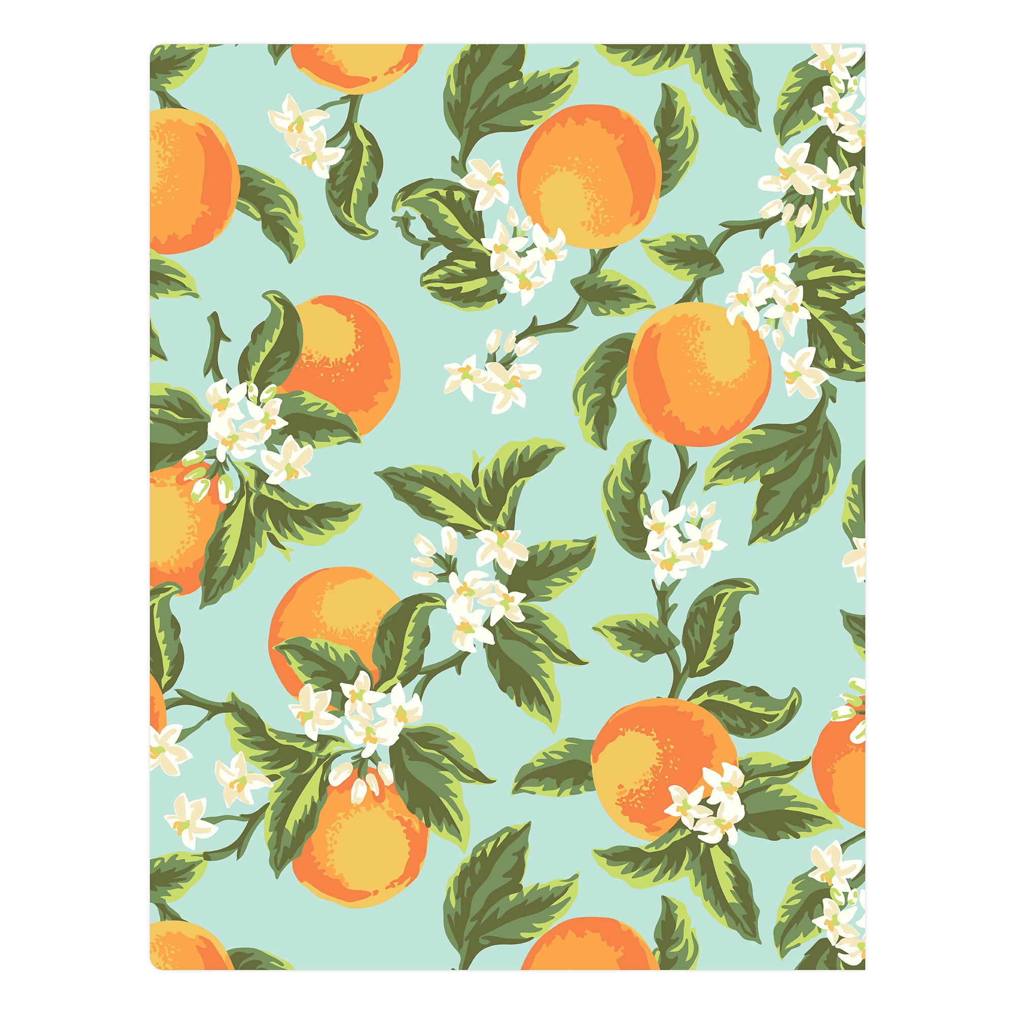 Pattern of oranges and leaves on a light blue background for this 24-monthly planner