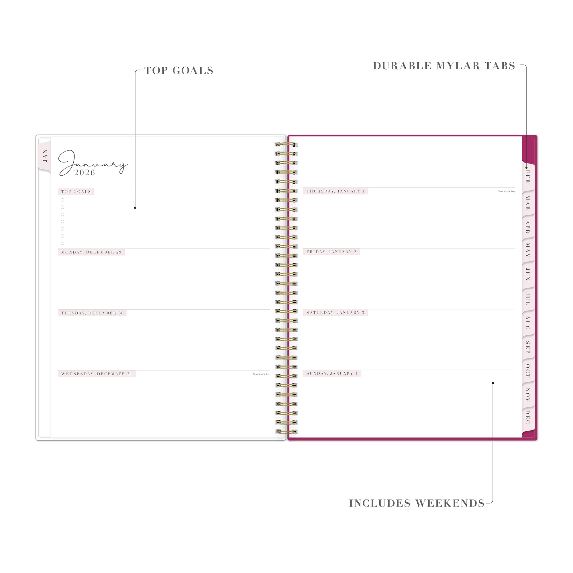 weekly spread featuring top goals, dates, and blank writing space