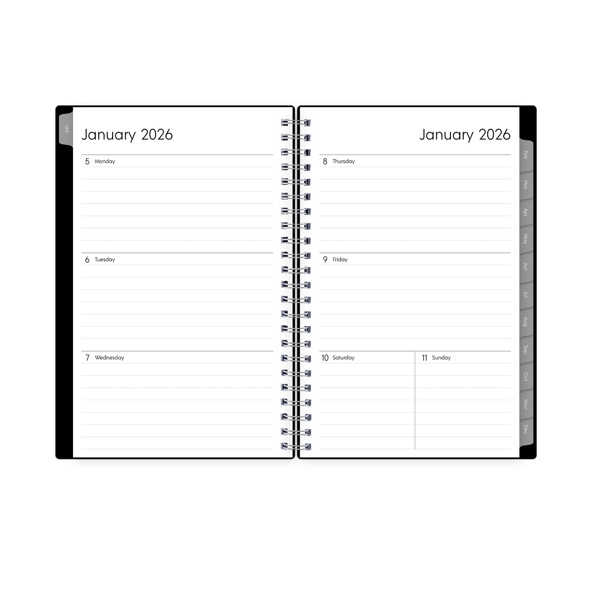weekly spread featuring lined writing space, and gray tabs. january 2026 - december 2026 5x8 size