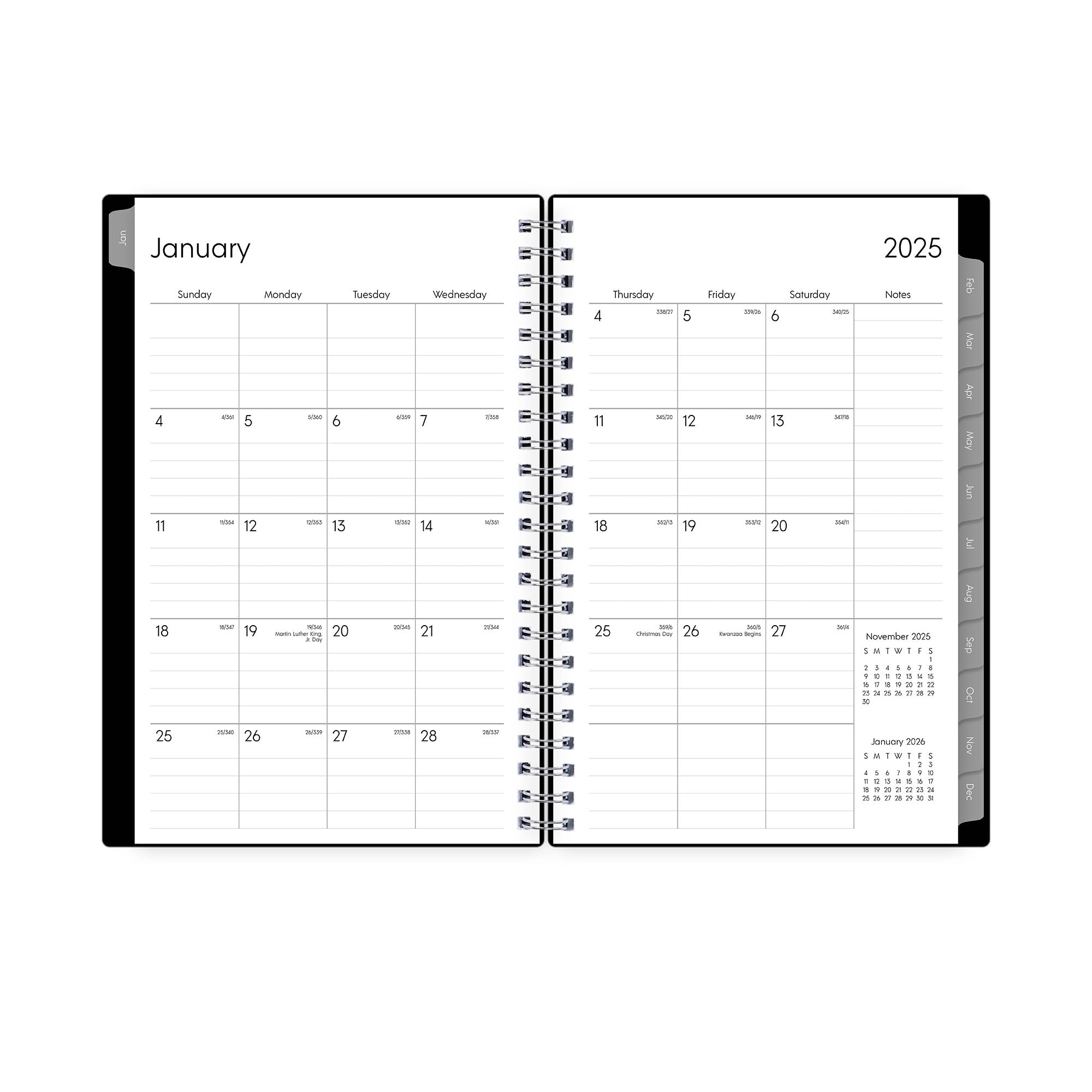 monthly spread featuring lined writing space, and gray tabs. january 2026 - december 2026 5x8 size and notes section