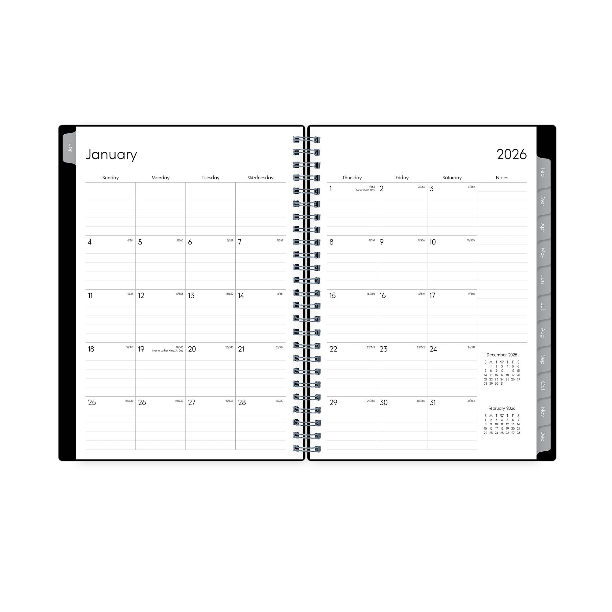 2026 planner notes featuring clean lined writing space in this monthly view and monthly grey tabs, reference calendars, and notes section