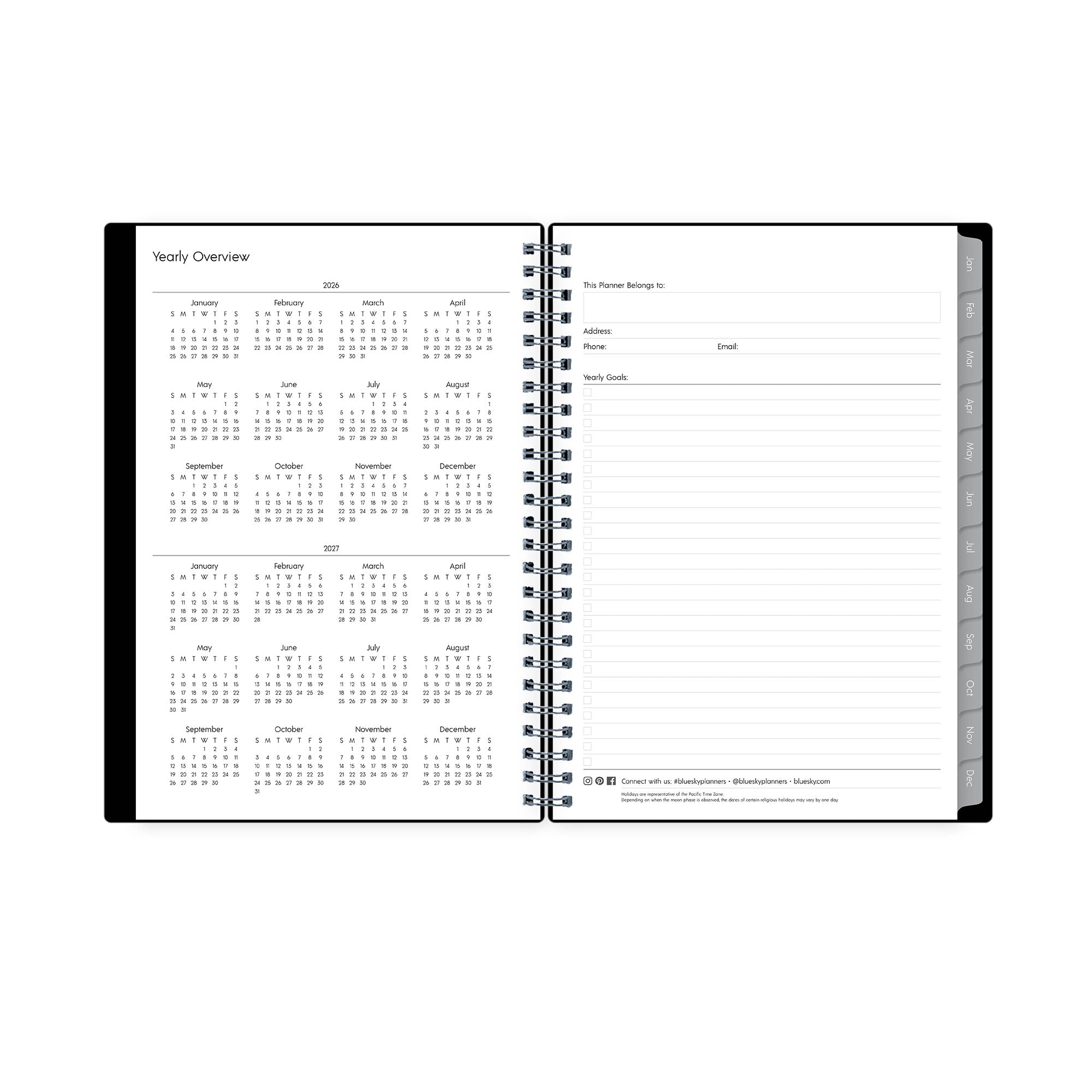 2026 and 2027 reference calendars and contact page on this planner notes