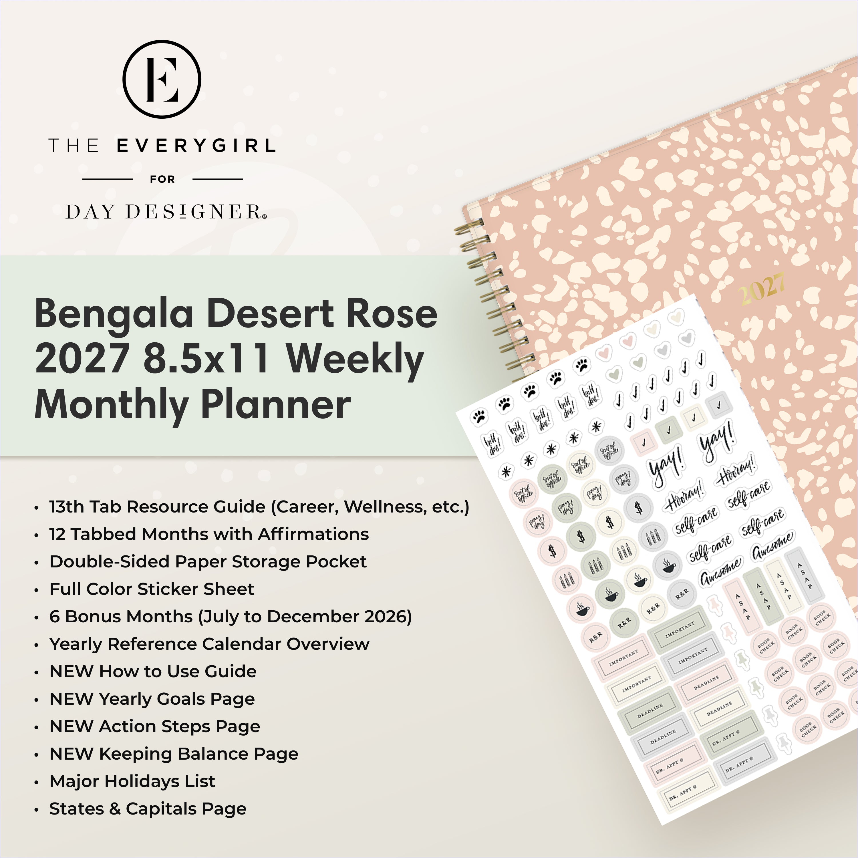 planner featuring bonus content like yearly overview, important dates, holidays, states and capitals