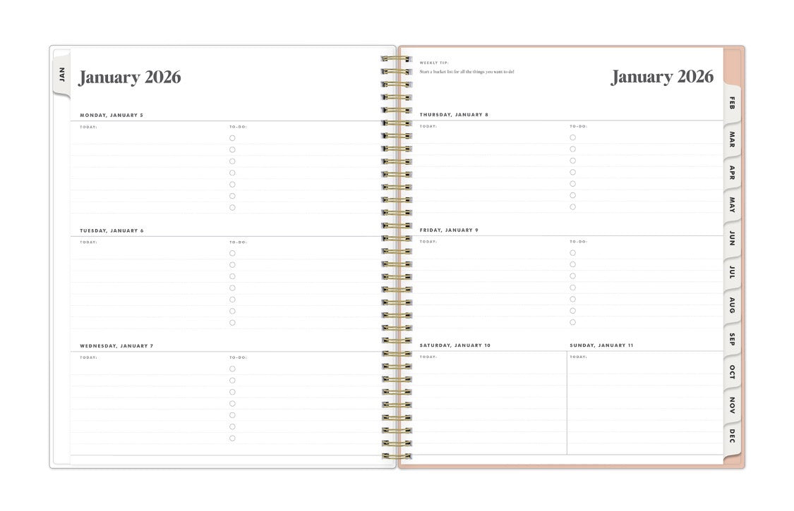 January 2026 - December 2026 weekly monthly planner featuring a weekly spread with lined writing space, notes section, reference calendars, and light purple monthly tabs in 5x8 size