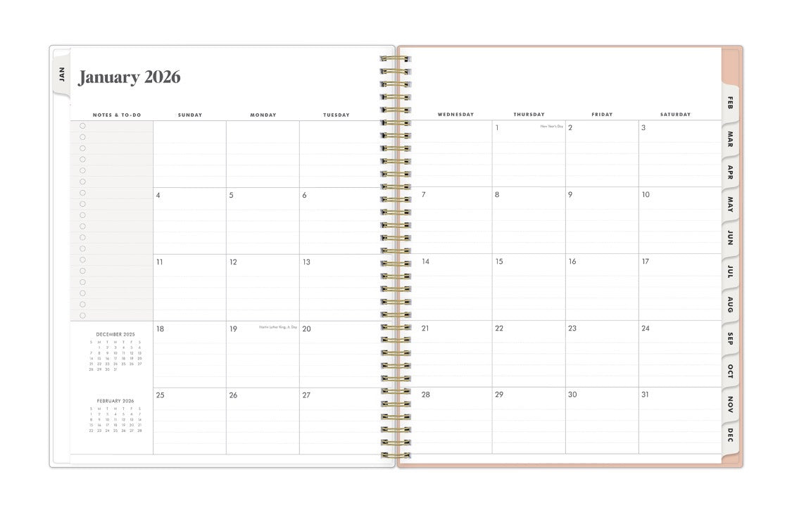 January 2026 - December 2026 weekly monthly planner featuring a monthly spread boxes for each day, lined writing space, notes section, reference calendars, and light purple monthly tabs in 5x8 size