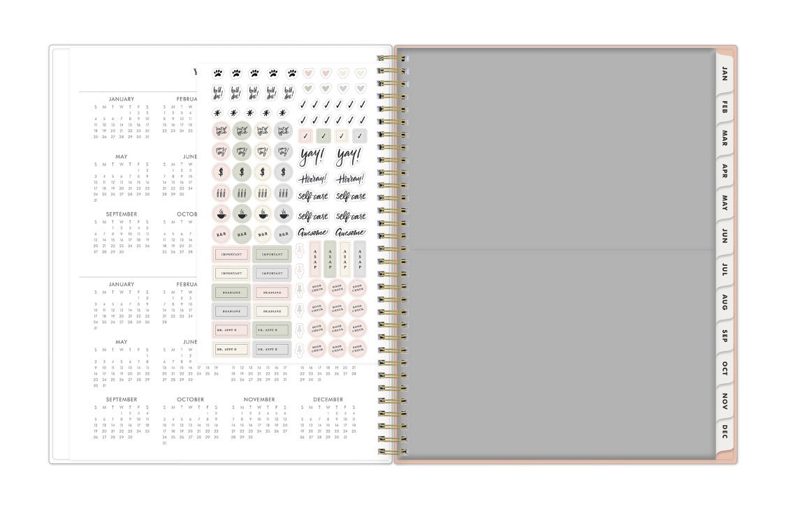 reference calendars, storage pocket, and sticker sheet in this planner