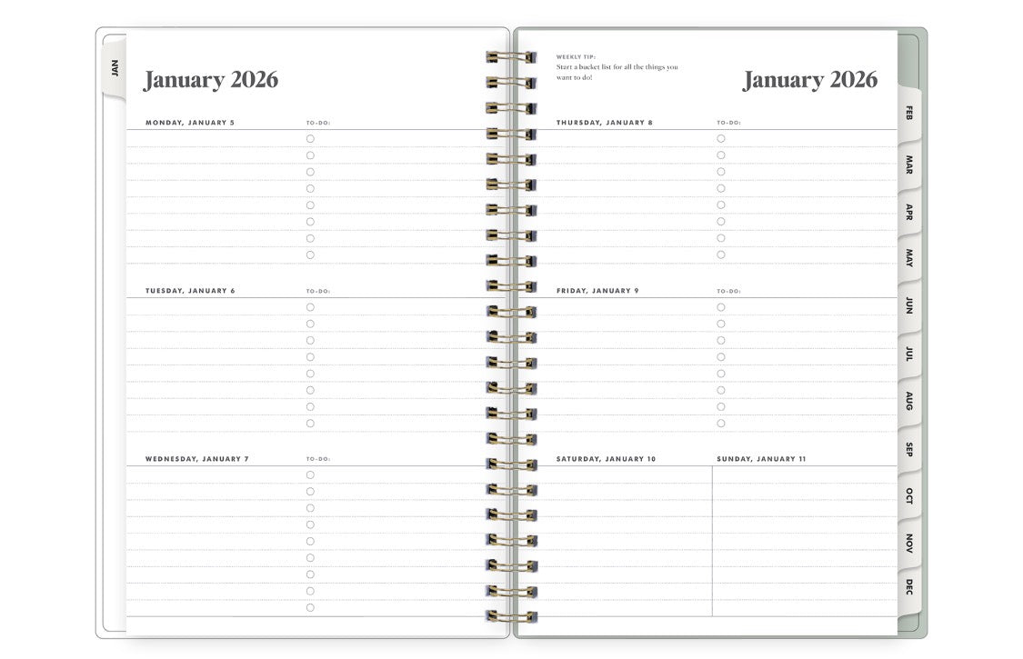 weekly spread with lined writing space, and to do list with monthly white tabs in 5x8 planner